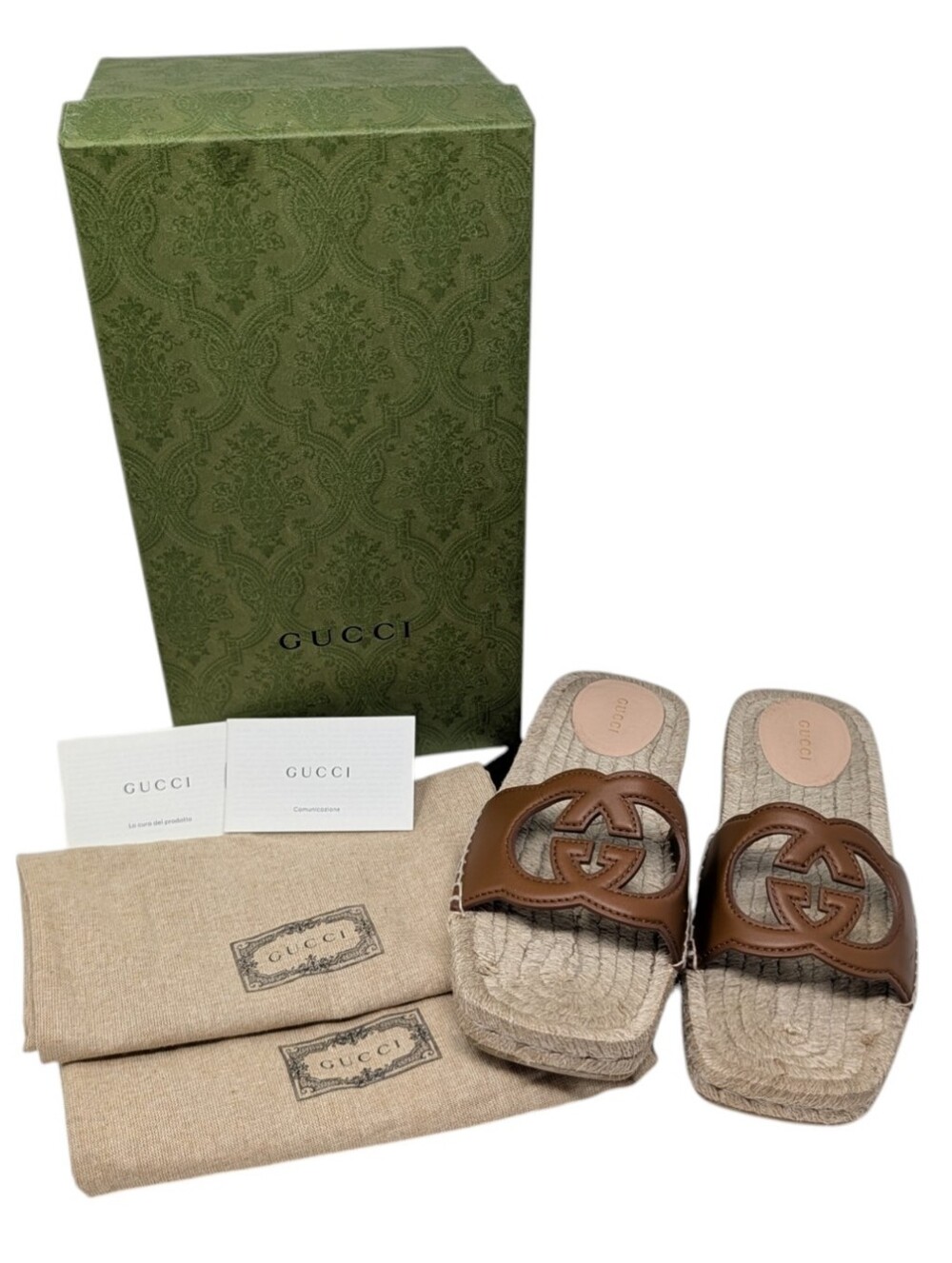 Gucci Interlocking G Brown Leather Espadrilles Flat Slide Sandals Size EU 38